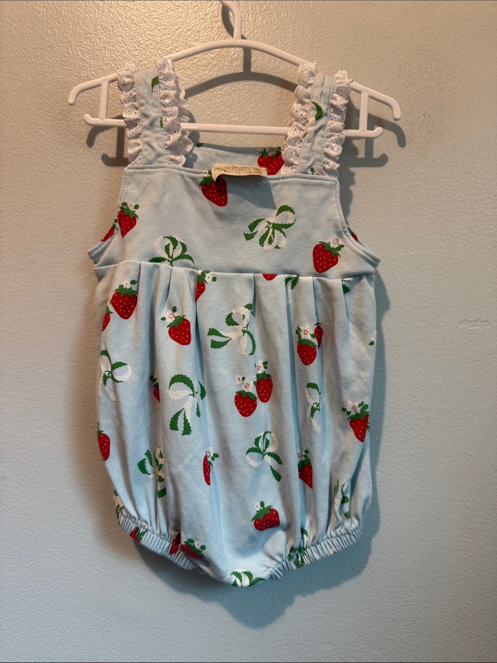 The Beaufort Bonnet Company 12 - 18 Light Blue Strawberry Print Bubble Romper